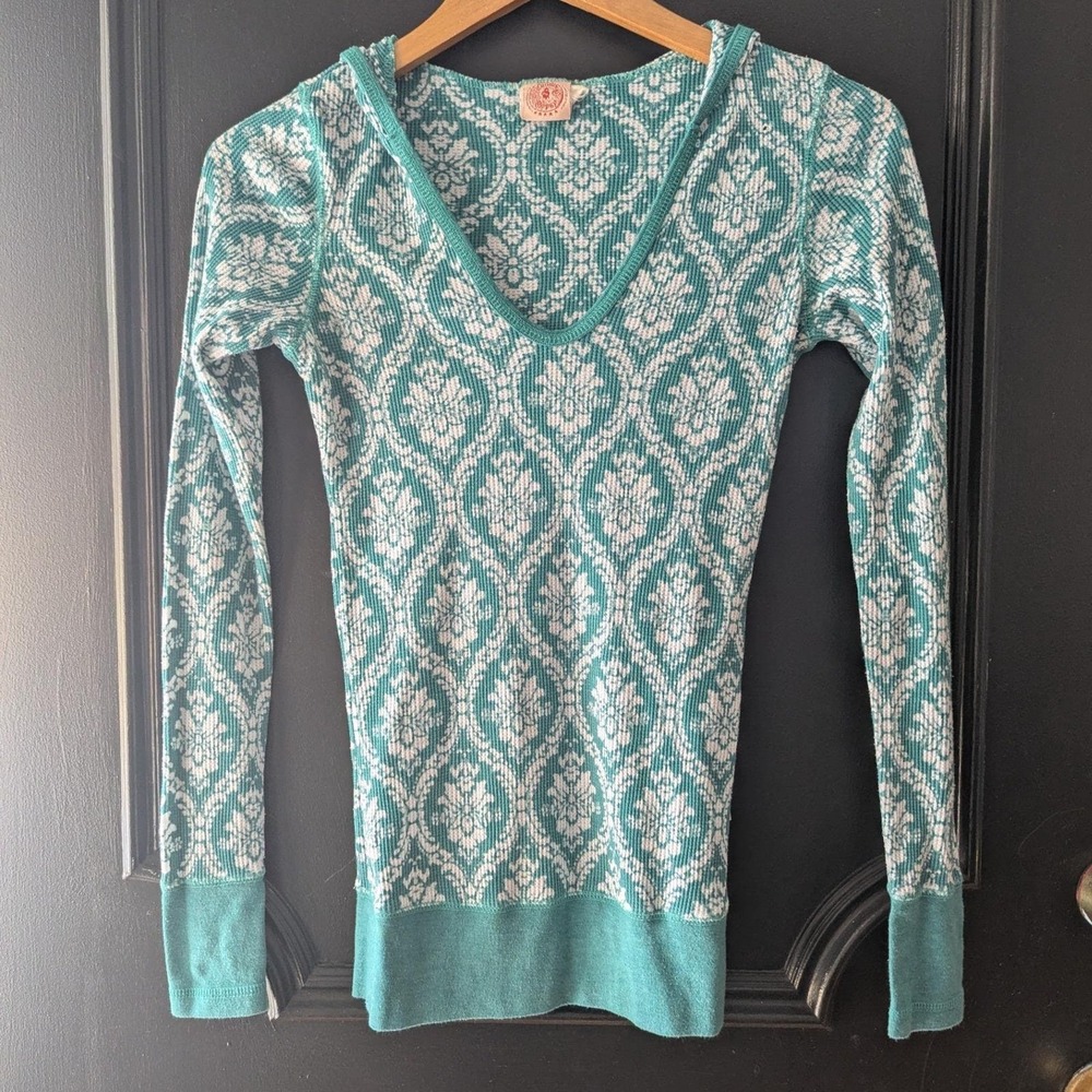 Y2K Curious Gypsy Thermal Hoodie Teal Damask Waffle Knit Sz S (Fits XS)